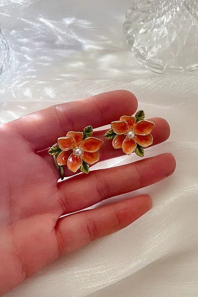 Glaren Design Orange Enamel Flower Gold Color Women's Earrings