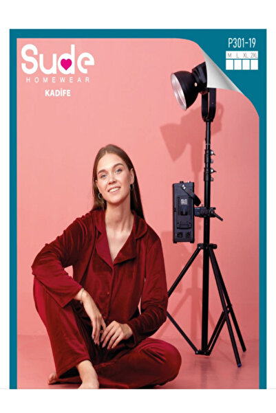 Sude Bordo Gömlek Yaka Düğmeli Kadife Pijama Takımı