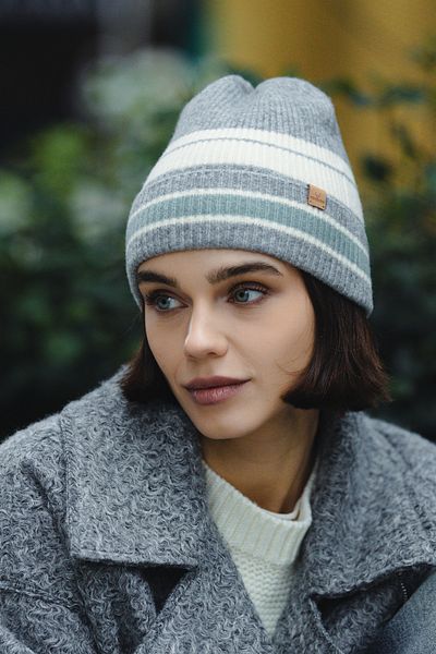 Nordbron Gray Felony Ribbed Striped Women's Knitwear Basic Plain Winter Beret - Logo Detailed