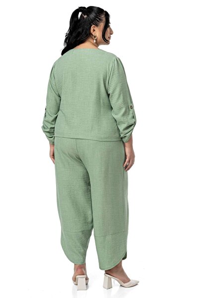 DISENTIS MODEST Plus Size Leg Detailed Blouse Pants Green Double Suit
