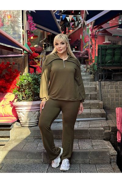 ViolettaXL Plus Size Stretchy Crystal Double Yarn Set - Zipper Collar and Striped Pants