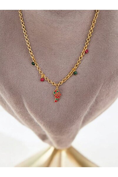 MECora Design El Yapımı Şeker Kamışı Kolye - Altın Zincirli, Yılbaşı Temalı