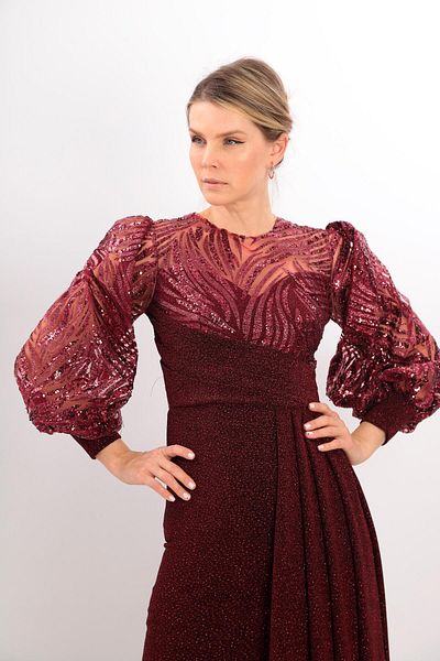 Aperla Sequin and Glitter Fabric Slit Detailed Lined Flexible Glittery Lycra Evening Fish Dress
