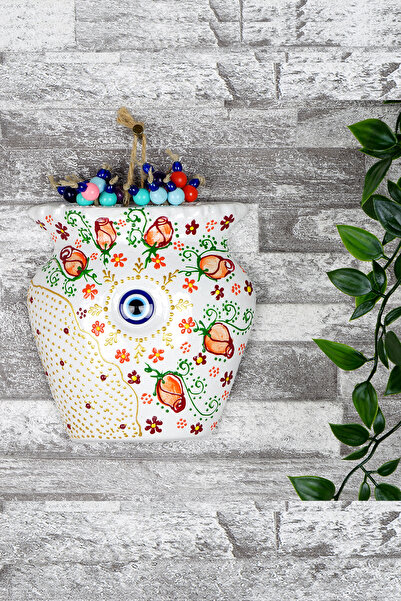 incirop Çini Desenli İşlemeli Nazar Boncuklu Renkli Yarım Duvar Saksı