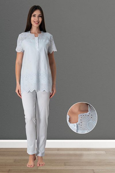 Pelin Set de pijamale de maternitate pentru femei Blue Fisto Linen Ruched Maternity
