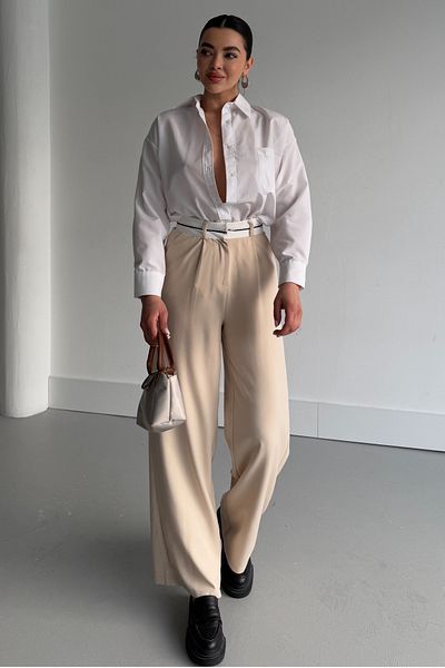 MODAGEN Pantaloni largi de damă, bej, cu centură, talie înaltă