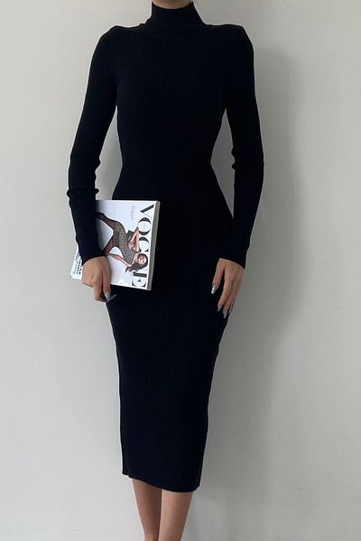 bayansepeti Rochie creion midi cu mânecă lungă, țesătură neagră, elastică, 308