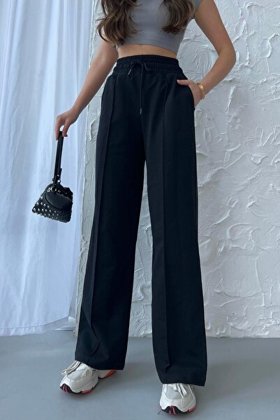 COMEOR Kadın Mevsimlik Salaş Geniş Paça Yüksek Bel Siyah Eşofman Altı