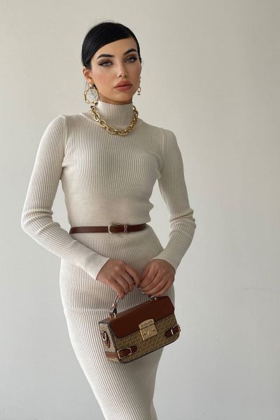 barış sülün lovebox Tricotaj de damă, țesătură, guler, mânecă lungă, rochie midi ecru 308