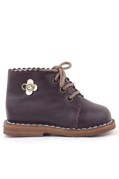 Rakerplus Handmade Genuine Leather Brown Floral Detailed Lace up Baby Boots