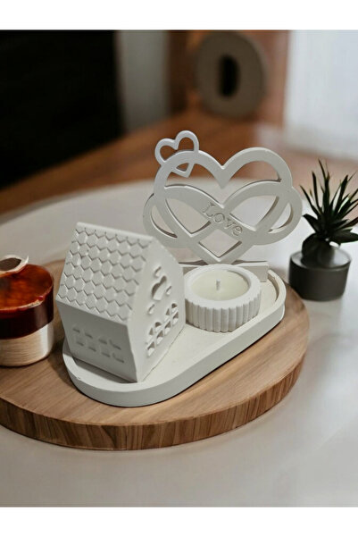 MECora Design Dekoratif "Love" Temalı Mumluk ve Mini Ev Şeklinde Aksesuar Seti