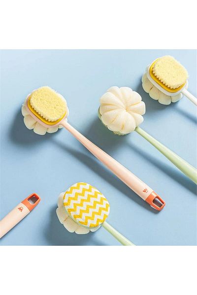 omilife 2 in 1 Shower Body Brush with Bristle and Fiber Cover Long Handle Practical Back Cleaning and Massage Brush