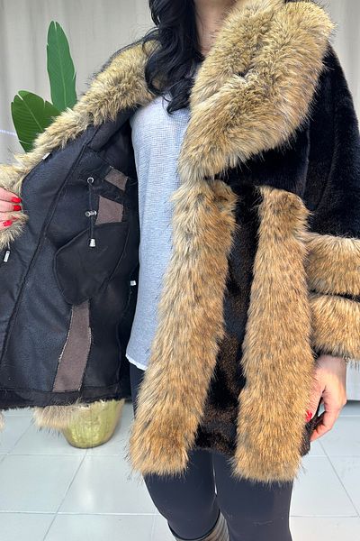 GÖKSEL Stripe Detailed Premum Fur Coat - Black