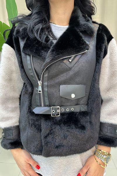 GÖKSEL Premium Fur Coat with Leather Detail - Black