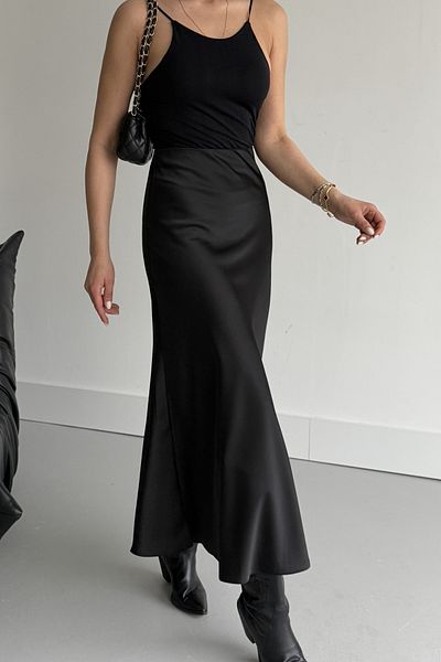 MODAGEN Women's Black Elastic Waist Maxi Length Skirt