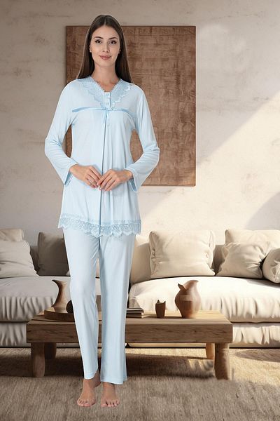 LOHOUSE Set de 3 pijamale de maternitate și rochii de maternitate din bumbac albastru - mânecă lungă