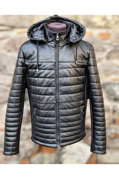 LEATHER HOUSE Men's Genuine Leather Inflatable Coat Hooded - (Hooded) Harry