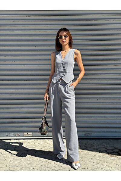 Azimutgiyim بدلة نسائية مزدوجة من الكتان الرمادي