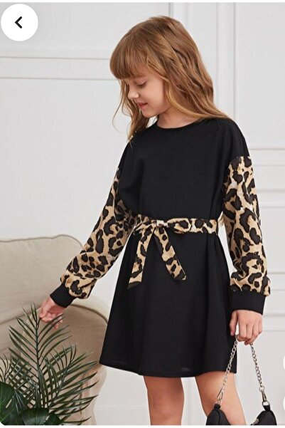 biggbom kidswear Leopar Desenli Kuşaklı Kız Çocuk Elbise