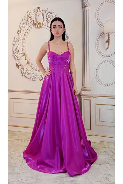 SANİSE Fuşya Renk Cepli Abiye Elbise