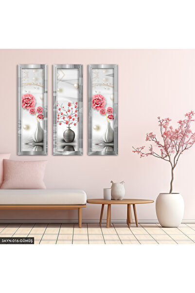 Evinemoda İncili Pembe Çiçekler Pleksi Aynalı 3 Parça Tablo