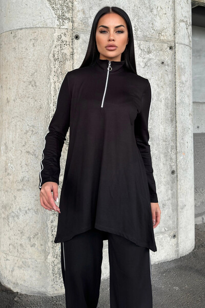 NEW LAVİVA Black Asymmetrical Cut, Zippered Blouse & Wide Leg Pants - Viscose Two Yarn Fabric Top & Bottom Set