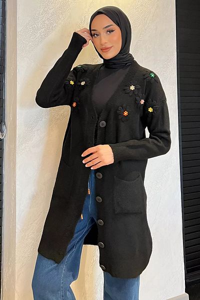 julude Μαύρη φλοράλ κεντημένη πέτρα Hijab Μακριά Πλεκτή Ζακέτα