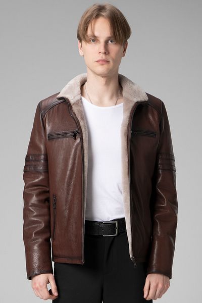 Dericlub Men's Parma Jumbo Inner Stand Collar Genuine Leather Coat Hazelnut