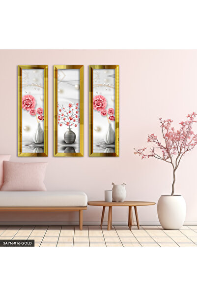Evinemoda İncili Pembe Çiçekler Pleksi Aynalı 3 Parça Tablo