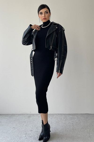 WOMAN VISION Γυναικείο μαύρο πλεκτό υφασμάτινο γιακά μίντι μολύβι βραδινό φόρεμα 308