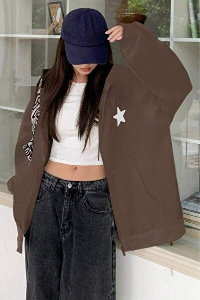 stg spor toptan giyim Women's Brown Plain Star Printed Full Zip Cardigan