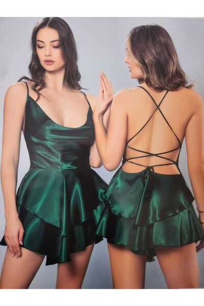 LA JOYA Sırt Dekolte Ip Detaylı Degaje Yaka Yeşil Seksi Gecelik