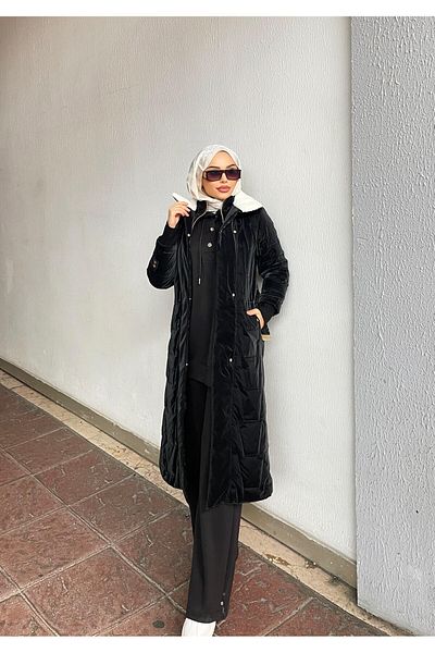 Minel Women's Black Belted Puffer Coat 021