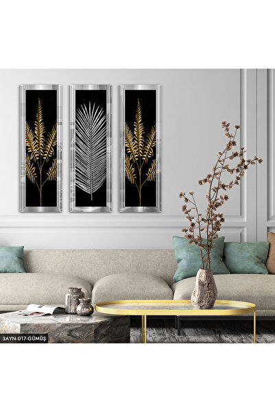 Evinemoda Gold Gümüş Yaprak Pleksi Aynalı 3 Parça Tablo