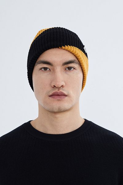 Nordbron Men's Black Knitwear Color-Blocking Soft Beret with Logo Stretchy Winter Double-Fold Basic Tause