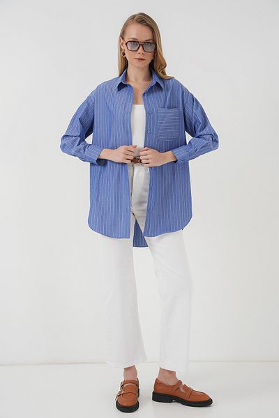 Bigdart 20217 Gestreiftes Oversize-Hemd mit Taschendetail - Indigo