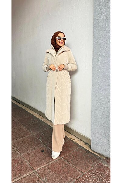 Minel Beige Belted Women's Puffer Jacket - 021