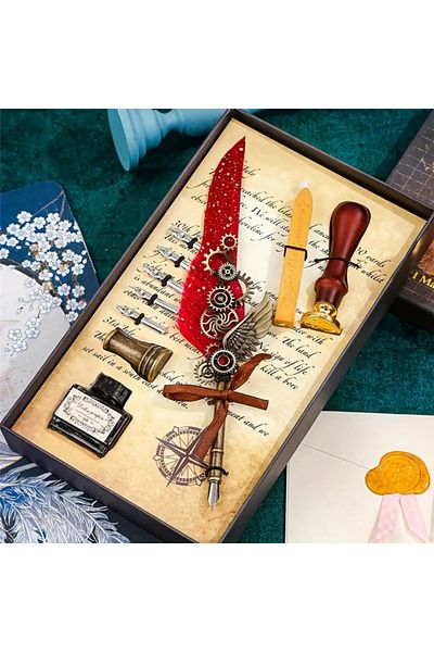 omilife Professional Dip Inkwell Pen Set - Decorative Calligraphy Pen with Bird Feathers and Seal