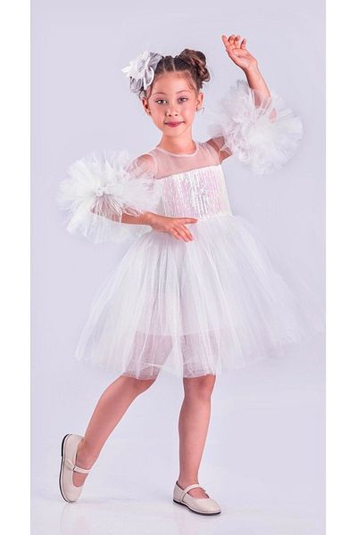 Little Pumpkin Pon Pon Sleeve Dress Sequined Tutu Girl's Evening Dress