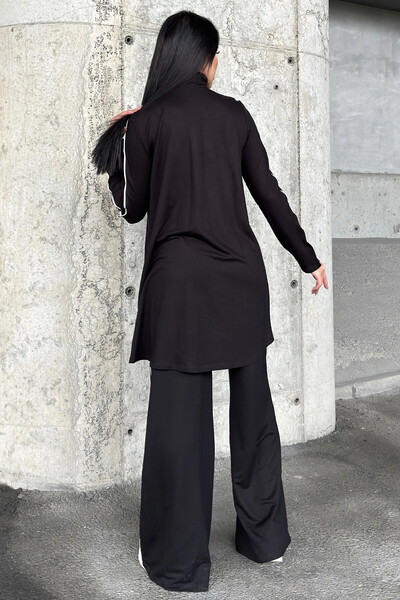 NEW LAVİVA Black Asymmetrical Cut, Zippered Blouse & Wide Leg Pants - Viscose Two Yarn Fabric Top & Bottom Set