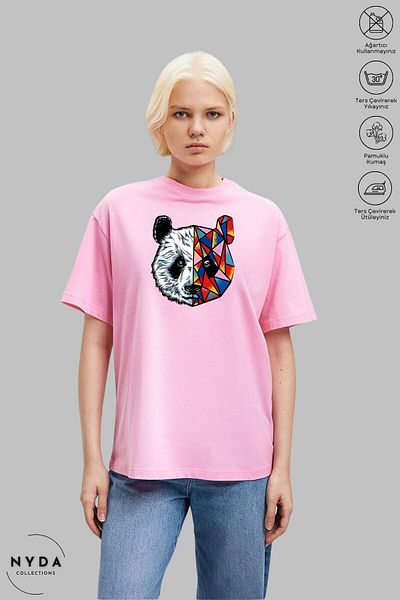 Nyda Collections Unisex Crew Neck Πολύχρωμο μπλουζάκι με στάμπα Panda από βαμβακερό υπερμεγέθη κοντομάνικο μπλουζάκι