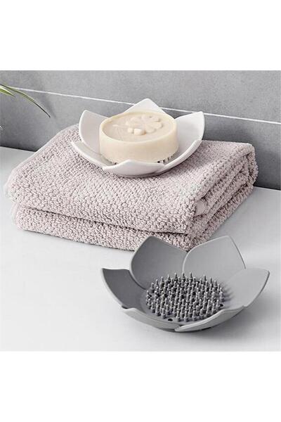 omilife Silicone Gray Lotus Patterned Soap and Sponge Holder - Stylish Solid Soap Dispenser with Water Drain