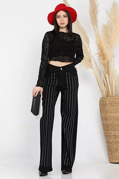 GÜLSELİ Black High Waist Stone Detailed Palazzo Jeans