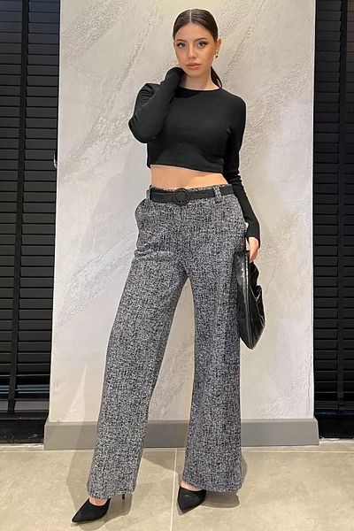 GÜLSELİ Navy Blue Women's Winter Butterfly Patterned Pleat Detailed Belted Palazzo Pants