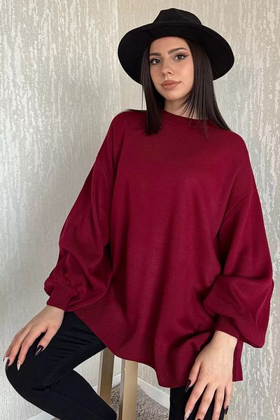 GÜLSELİ Pulover de tricotaj cu mâneci cu balon supradimensionat pentru femei roșu Claret