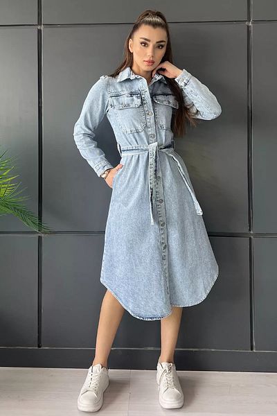 GÜLSELİ Rochie albastră cu buzunar dublu, cu nasturi în față, cu gât polo, din denim