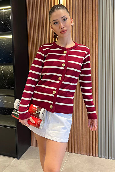 julude Claret Red Women's Front Buttoned Stripe Patterned Knitwear Cardigan (Size Fits S-M-L)