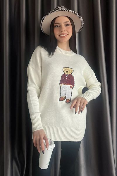 GÜLSELİ Γυναικείο πλεκτό πουλόβερ Cream Applique Bear