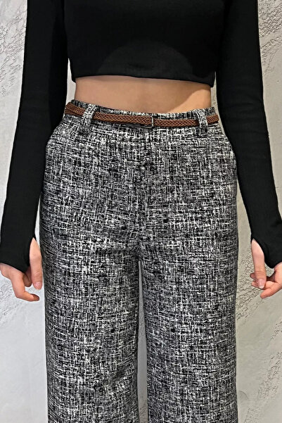 Zehra Gül Siyahgri Kadın Yüksek Bel Kendinden Desenli Bel Lastikli Kışlık Bol Paça Palazzo Pantolon