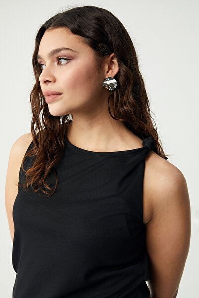 ETHIQUET Katerbb Women's One Shoulder Knot Detail Sleeveless Black Plus Size Blouse